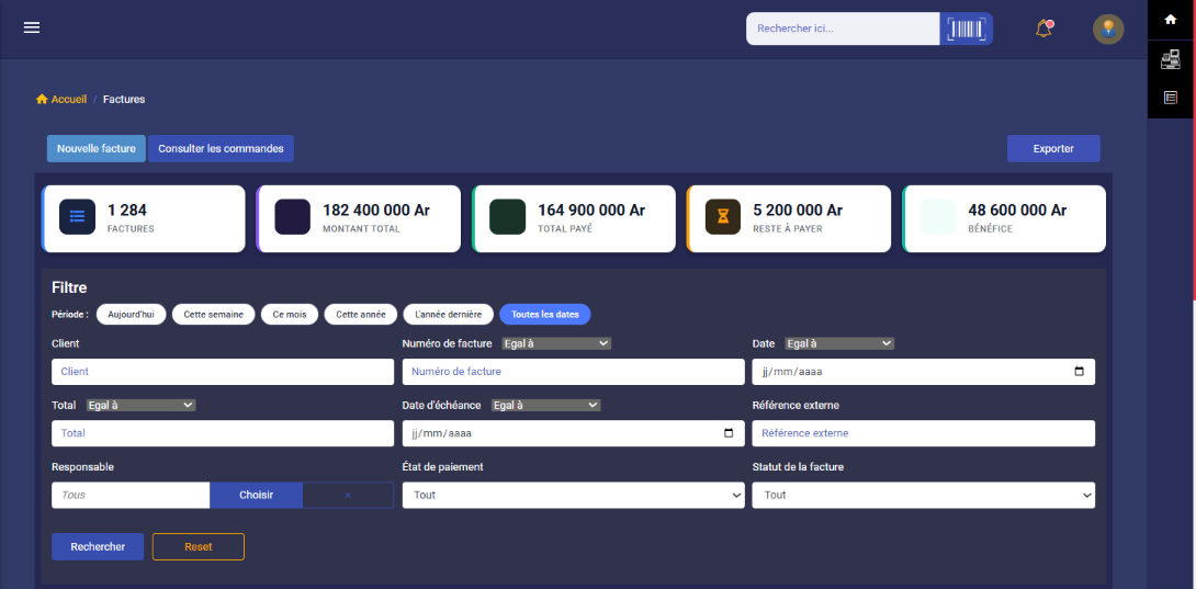 Bootix — tableau de bord des factures